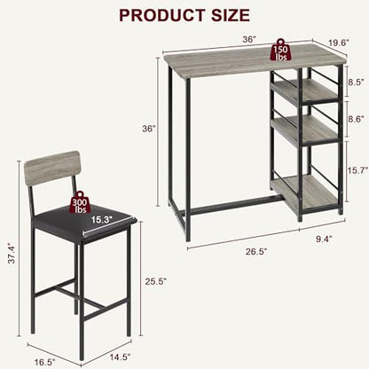 Dining Table Set for 2, 3-Piece Bar Table Set with 2 Stools, Space-Saving Counter Height Dining Set with 3-Tier Storage Shelves for Small Kitchens, Apartments, Breakfast Nooks - color: Grey