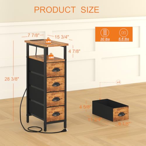 sthmec Nightstand with Charging Station, Narrow Night Stand Set of 2 with 4 Drawers, Skinny Side Table with Fabric Drawers,Slim Sofa Couch Tables for Small Spaces,Living Room,Bedroom,Rustics Brown - color: Rustic Brown, style: Power