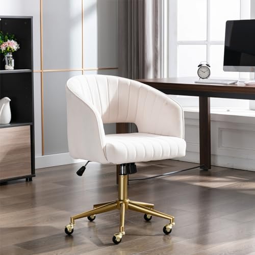 Eifizek Velvet Office Desk Chair, Modern Home Desk Chair with Wheels & Gold Base, Swivel Vanity Chair for Bedroom, Office, Living Room Vanity Study (Ivory) - color: Beige