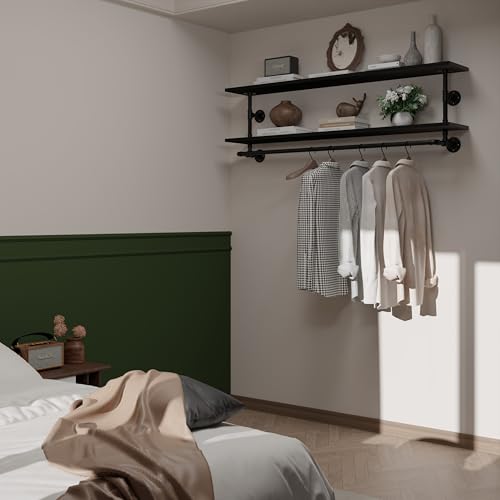 Black Clothes Rack 60in, 2-Tier Wall Mounted Garment Rack with Real Wood Shelf, Heavy Duty Hanging Clothes Rack, Multi-Purpose Hanging Rod, Space-Saving Closet Storage - color: Black, size: 2T60IN