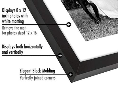 Americanflat 12x16 Picture Frame with Shatter-Resistant Glass - Set of 2 - Use as 8x12 Frame with Mat or Display 12x16 Photo Without Mat - Signature Collection - Picture Frames for Wall - Black | Engineered Wood construction, Shatter-resistant glass, hang