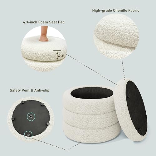 allamazing Storage Ottoman, Round Ottoman with Storage, Vanity Stool Foot Rest with Removable Lid, Round Boucle Upholstered for Living Room Pouf Footstool - color: Off White