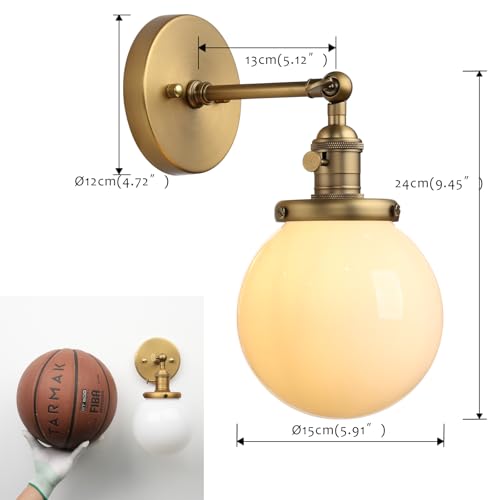 Hardwired Wall Sconce with White Globe, Brass Bathroom Vanity Light with On Off Switch, Vintage Wall Light Fixtures for Living Room Loft Hallway
