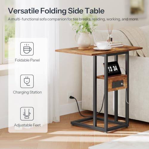 HOOBRO Foldable End Table, C Shaped Side Table with Charging Station, Sofa Couch Table that Slide Under for Living Room Bedroom Small Spaces, Easy Assembly, Rustic Brown and Black BF29USF01