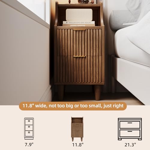 Narrow Nightstand Set of 2,11.8" Fluted Bedside Table Set of 2, Slim Side End Table with 2 Drawers, Wooden Bedside Table, Mid Century Modern Night Stand for Bedroom Livingroom Sofa Office - color: Walnut,11.8" With 2 Drawers