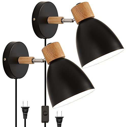 Wall Sconces Plug in, Swing Arm Wall Lamp with Power Cord, Black Plug in Wall Lighting Fixtures Set of Two, Bedside Wall Mounted Reading Lamp with Switch, for Bedside Bedroom Hallway - color: 2 Pcs-Black/Plug in
