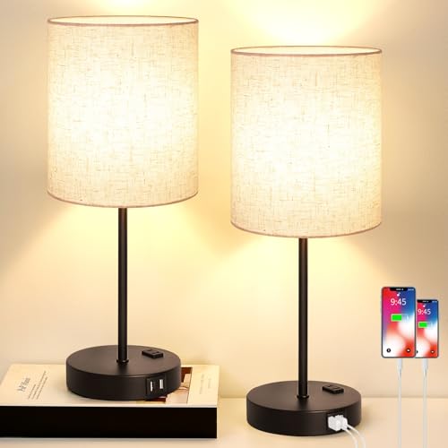 Lynnoland 2 Pack Touch Control Table Lamps with 2 USB & AC Outlet, 3-Way Dimmable Bedside Nightstand Lamps for Bedroom Living Room Nursery, 800 Lumens 3000K Warmlight Bulbs Included - color: (2 Pack)Beige Linen & Black(Base)-3000K Bulbs Included