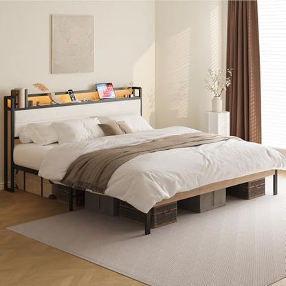 LIKIMIO King Size Bed Frame with Headboard, LED Lights and Charging Station | Upholstered sherpa storage headboard with LED & charger; heavy-duty slats; noise-free; modern elegance; natural and cream - color: Natural and Cream, size: King