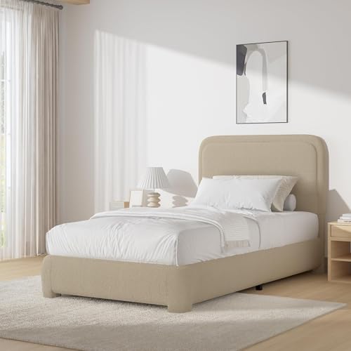 BarnFurin Twin Bed Frame, Cloud Boucle Headboard, Rounded Corners, Beige | Soft boucle and rounded edges create a low-profile cloud look. Wooden slats support the mattress without a box spring - color: Beige, size: Twin