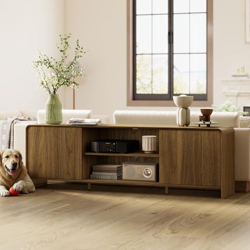 Bevfint Modern TV Stand for 80 Inch TVs, Rustic Entertainment Center for Cozy Home Theater & Holiday Gatherings, Dark Oak Media Console Cabinet with Storage & Arc Design - Walnut Grain - color: Walnut Grain