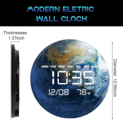 Digital Wall Clock, LED Moon/Earth Design, Temperature Display, 7.87 x 7.87 inches (Earth, 12.59 INCH) - color: Earth, size: 12.59 INCH