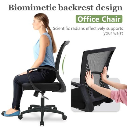 Home Office Chair Mid Back PC Swivel Lumbar Support Adjustable Desk Task Computer Ergonomic Comfortable Mesh Chair with Armrest (Dark Black) - color: Dark Black