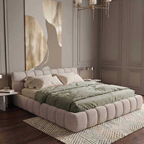 Chenille Fabric Upholstered Platform Bed Frame with Soft Headboard, Modern Low Profile Grounded Design, No Box Spring Needed, Sturdy MDF & Wood Frame, Neutral Style, Beige, Queen - color: Beige, size: Queen (U.S. Standard)