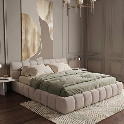Chenille Fabric Upholstered Platform Bed Frame with Soft Headboard, Modern Low Profile Grounded Design, No Box Spring Needed, Sturdy MDF & Wood Frame, Neutral Style, Beige, Queen - color: Beige, size: Queen (U.S. Standard)