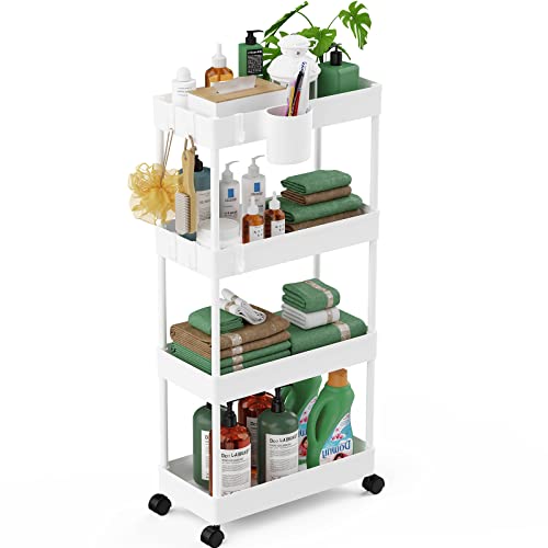 LEHOM Slim Rolling Storage Cart - 4 Tiers Bathroom Organizer Utility Cart | Slide Out Storage Shelves Mobile Shelving Unit for Kitchen, Bedroom, Office, Laundry Room, Small Narrow Spaces (7.1" W+White) - color: Pear White