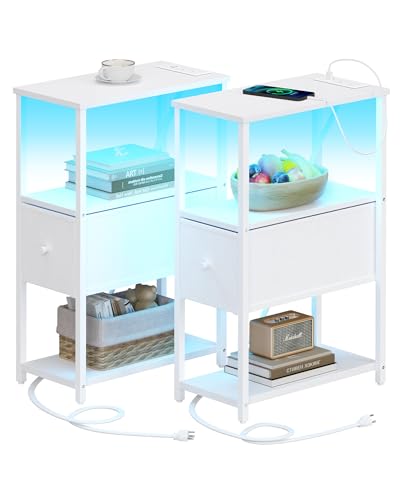 TUTOTAK Small Narrow LED End Table with Charging Station, Set of 2 | Side Table with Outlets, Nightstand with Cloth Drawer, Couch Table for Living Room, Bedroom, White TB01BW059 - color: White, style: 1 Drawer with Plug & Light