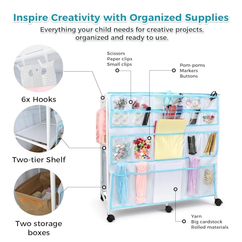Craft Cart with Wheels - 40 Storage Pockets - Portable Organizer for Arts & Craft Supplies - Spacious, Easy to Move - Perfect Art Cart Organizer for Kids, Creative Projects, Home Education