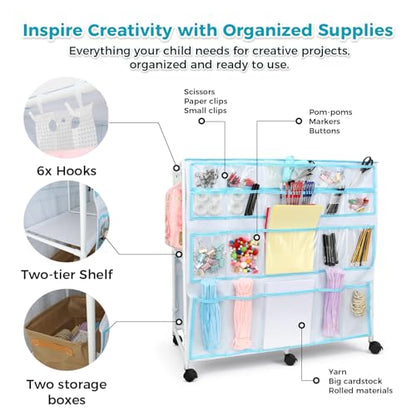 Craft Cart with Wheels - 40 Storage Pockets - Portable Organizer for Arts & Craft Supplies - Spacious, Easy to Move - Perfect Art Cart Organizer for Kids, Creative Projects, Home Education