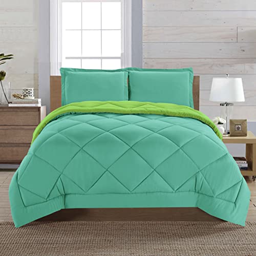 Elegant Comfort Reversible 3-Piece Comforter Set All Season, Ultra Soft, Down Alternative Comforter, F/Q, Aqua/Lime - color: Aqua/Lime, size: Full/Queen