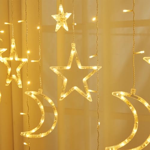 12pcs Moon Star 138 LEDs Curtain Light, with Remote Control 8 Light Mode Timing USB Powered,Fairy Lights Curtain Perfect for Ramadan Eid Festive Decorations (Warm White) - color: Warm White