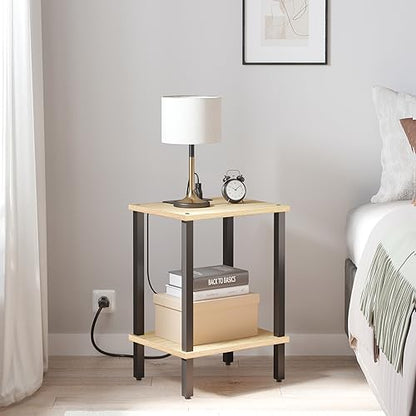 TUTOTAK End Table with Charging Station, Side Table Set of 2, Nightstand | 2-Tier Storage Shelf, Bedside Table with USB Ports, Sofa Table for Small Space, Livingroom, Bedroom Oak TB01BO041 - color: Oak