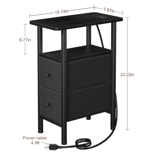 Narrow End Table with Charging Station, Small Nightstand | Skinny Side Tables Living Room with 2 Fabric Drawers, Bedside Table with LED Lights for Bedroom, Small Spaces, Black - color: Black, size: 23.22''H (2 Drawers), style: Power + Light