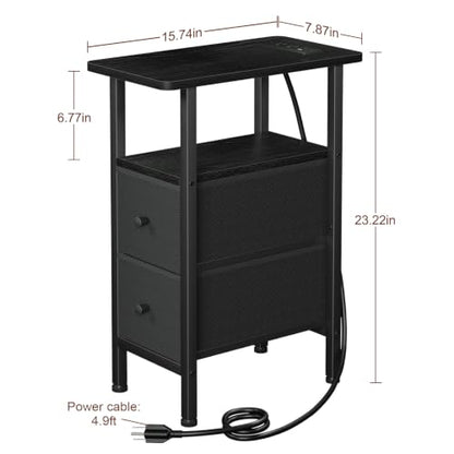 Narrow End Table with Charging Station, Small Nightstand | Skinny Side Tables Living Room with 2 Fabric Drawers, Bedside Table with LED Lights for Bedroom, Small Spaces, Black - color: Black, size: 23.22''H (2 Drawers), style: Power + Light