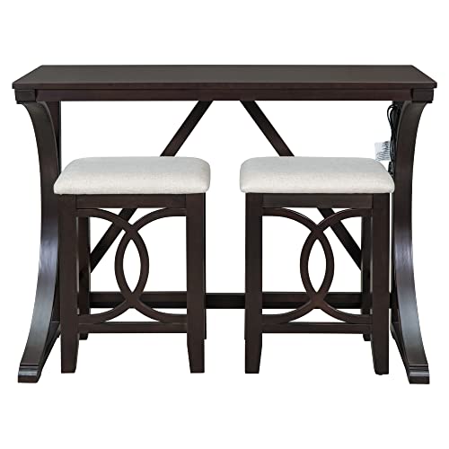 3 Piece Counter Height Dining Table Set with 2 Stools, 47.2 Inch Breakfast Nook Table for Small Spaces, Solid Wood Frame, Farmhouse Apartment Kitchen Set,Espresso - color: Espresso