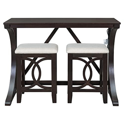 3 Piece Counter Height Dining Table Set with 2 Stools, 47.2 Inch Breakfast Nook Table for Small Spaces, Solid Wood Frame, Farmhouse Apartment Kitchen Set,Espresso - color: Espresso