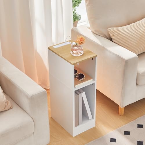 MAHANCRIS Narrow Nightstand, Narrow End Table with Charging Station, Skinny Bedside Table for Small Spaces, Mid Century Modern Night Stand for Bedroom, Living Roon, Natural and White ETNW30E01 - color: Natural and White