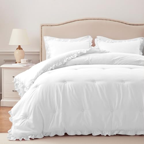 Twin Comforter Set White - Ruffle Comforter for Twin Size Bed, Fluffy Twin Size Comforter Set for All Seasons, 2 Pieces Shabby Chic Bedding Comforter Sets(1 Comforter & 1 Pillow Sham) - color: White, size: Twin