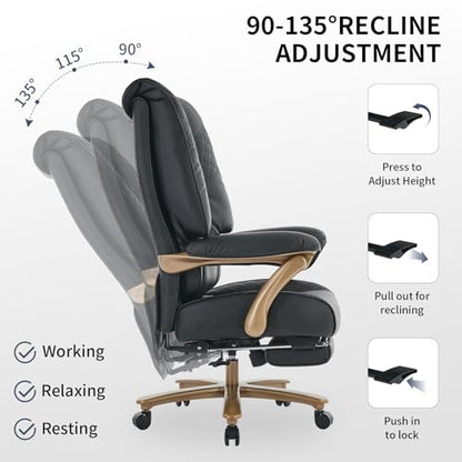 EXCEBET Big and Tall Executive Office Chair with Footrest, 400LBS Capacity Ergonomic High-Back Desk Office Chair with Lumbar Support, Padded Armrests & Thick Cushion, Black PU Leather Chairs - color: Black