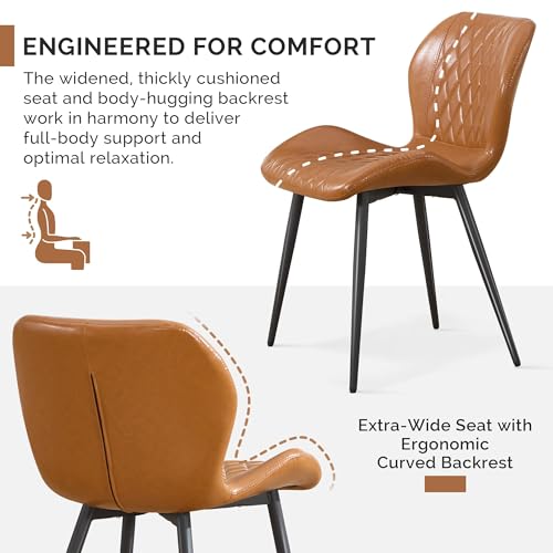 Dining Chairs Set of 2,Faux Leather Modern Dining Chairs with Thick Cushions, Upholstered Kitchen Side Chairs with Adjustable Metal Legs for Dining Room (Caramel) - color: Caramel, size: Set of 2