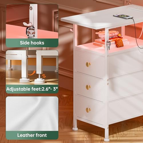 Narrow Dresser with Charging Station, Slim Dresser with 3 Fabric Drawers and Shelf, Skinny Nightstand with LED Light, Bedside Table Dresser for Bedroom, Living Room, Small Spaces, White