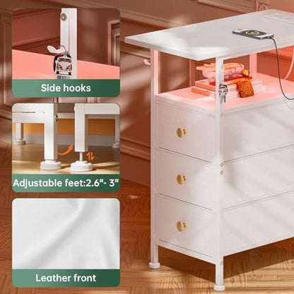 Narrow Dresser with Charging Station, Slim Dresser with 3 Fabric Drawers and Shelf, Skinny Nightstand with LED Light, Bedside Table Dresser for Bedroom, Living Room, Small Spaces, White