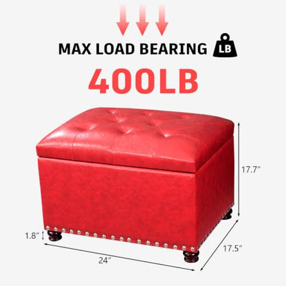 Leather Storage Ottoman, 24" Rectangle Square Bench Foot Rest Stool for Bedroom Living Room, Red - color: Red