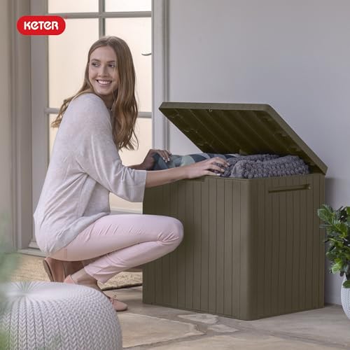 Keter City 30 Gal Outdoor Storage Box and Patio Side Table | Taupe, Resin, Compact, Weatherproof, Lockable, Easy Assembly, Organization, Pool Accessories Storage - color: Mossy Brown