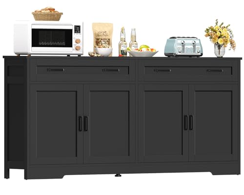 usikey 63" Buffet Cabinet with Storage, Large Sideboard Buffet Cabinet with 2 Adjustable Shelves and 4 Doors, Modern Farmhouse Coffee Bar for Kitchen, Living Room, Black - color: Black, size: 63"W