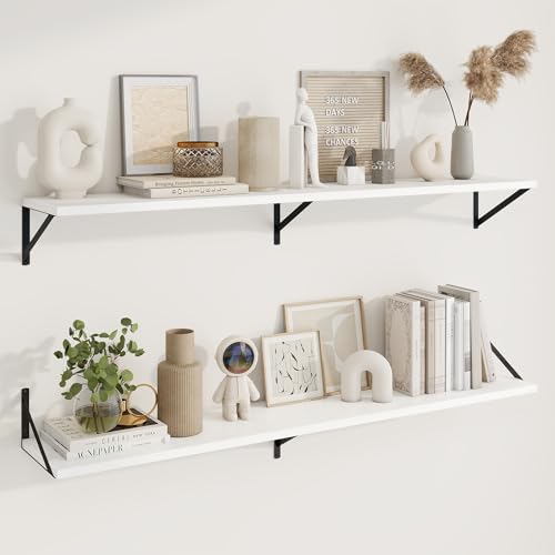 Deep Floating Shelves, 55'' x 10'' White Wall Shelves Set of 2 | 10 Inch Deep Shelves with Heavy Duty Brackets, Rustic Wood Shelves for Bathroom Living Room, Engineered Wood, 55LBS - color: White, size: 55W x 10D