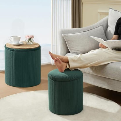 Round Storage Ottoman with Tray Lid | Upholstered Vanity Stool for Makeup, Ottomans Coffee Table, Small Foot Rest for Living Room Bedroom - color: Dark Green - Upgrade Taray Lid