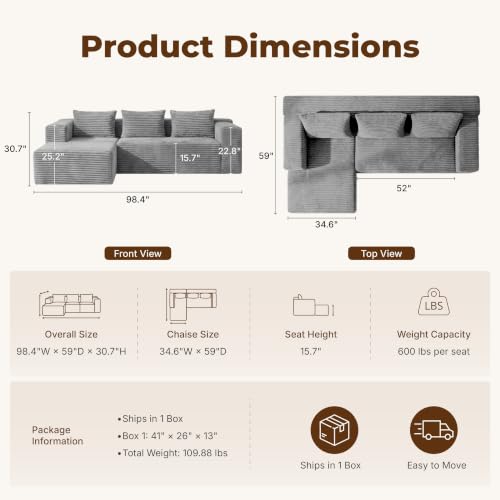 Modular Boneless L-Shaped Couches for Living Room with Side Pockets | Modern Sectional Boneless Corduroy Fluffy Couch Sofa with Deep Seat and Non-Slip Base, No Assembly, Light Grey - color: Light Grey, size: L-Shaped