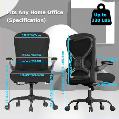 Office Desk Chair with Ergonomic Lumbar Support, Extra-Thick Seat Cushion, Flip-up Arms, Breathable Mesh Back, Computer Task Chair for Home Office (All-Black Carbon Fiber Model) | Adjustable Lumbar (up/down/in/out), Rocking Mesh Back, Flip-up Arms, Easy A