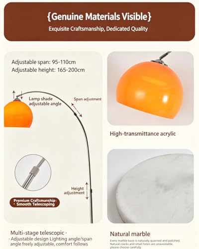 Orange Floor Lamp Mid-Century Modern, White Marble Base, E26 Bulb Included for Living Room Bedroom Office Decor, US Plug, Acrylic Shade