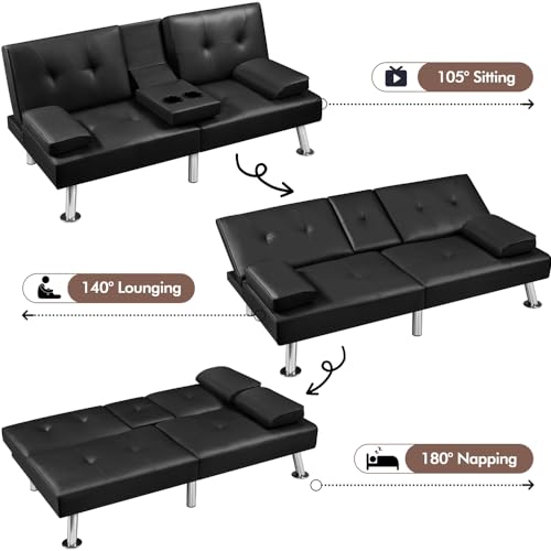 Yaheetech Convertible Futon Sofa Bed Loveseat with Cup Holder, Black | 3 Angles Sofa, Recliner Chair, Bed, Compact Faux Leather Love Seat for Living Room, Kids Guest Room, Dorm, Small Apartment - color: Black