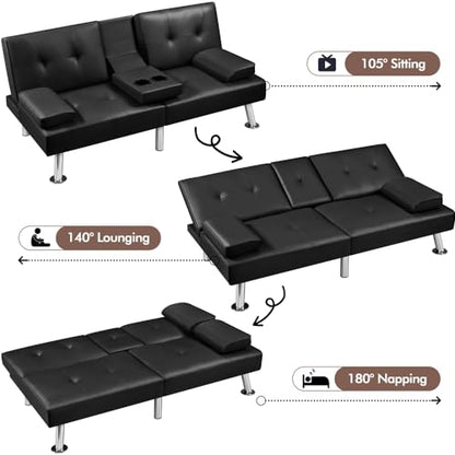 Yaheetech Convertible Futon Sofa Bed Loveseat with Cup Holder, Black | 3 Angles Sofa, Recliner Chair, Bed, Compact Faux Leather Love Seat for Living Room, Kids Guest Room, Dorm, Small Apartment - color: Black