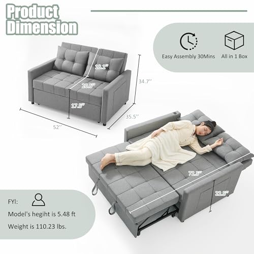 GOSUHI 52" 3-in-1 Convertible Sleeper Sofa Bed, Linen, Light Gray | Pull-Out Bed, Stepless Adjustable Backrest, Side Pocket, Compact Loveseat, Living Room, Dorm & Apartment - color: Light Gray