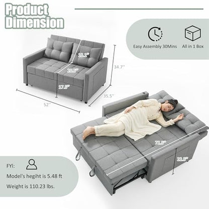 GOSUHI 52" 3-in-1 Convertible Sleeper Sofa Bed, Linen, Light Gray | Pull-Out Bed, Stepless Adjustable Backrest, Side Pocket, Compact Loveseat, Living Room, Dorm & Apartment - color: Light Gray