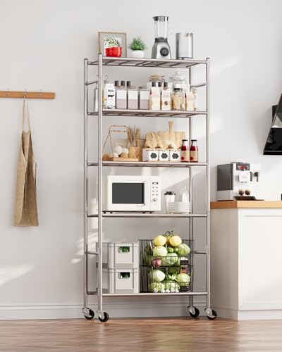 Sakugi 5-Tier Storage Shelves 33.1" x12.6' x73.5 Silver with Wheels | Kitchen, Closet, Pantry, Garage, Heavy Duty, Adjustable Feet, Metal Construction - color: Silver, size: 33.1W x 12.6D x 73.5H(5T)