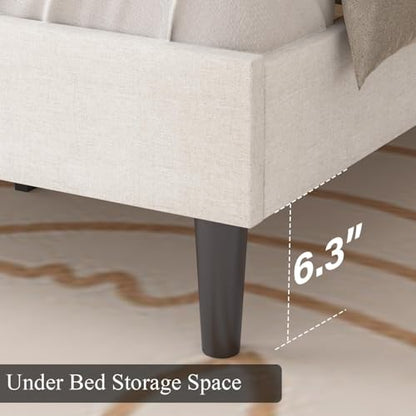 HOMBCK Full Bed Frame with Headboard, Linen Fabric Upholstered Bed Frame Full, White Bed Frame with Wood Slats, Button Tufted, No Box Spring Needed, White - color: White, size: Full