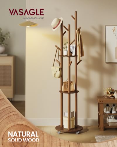 VASAGLE Freestanding Coat Rack Stand, Coat Tree with 11 Hooks, 3 Shelves, 4 Removable 360° Swivel Wheels, Wooden Hooks and Poles, for Entryway, Bedroom, Living Room, Walnut Brown URCR023K01 - color: Walnut Brown